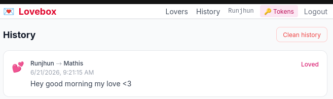 Web app — History page, message acknowledged (Loved)
